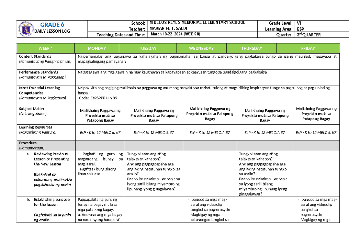DLL ESP6 WEEK 8 - LESSON PLAN FOR GRADE 6 STUDENTS - Studocu