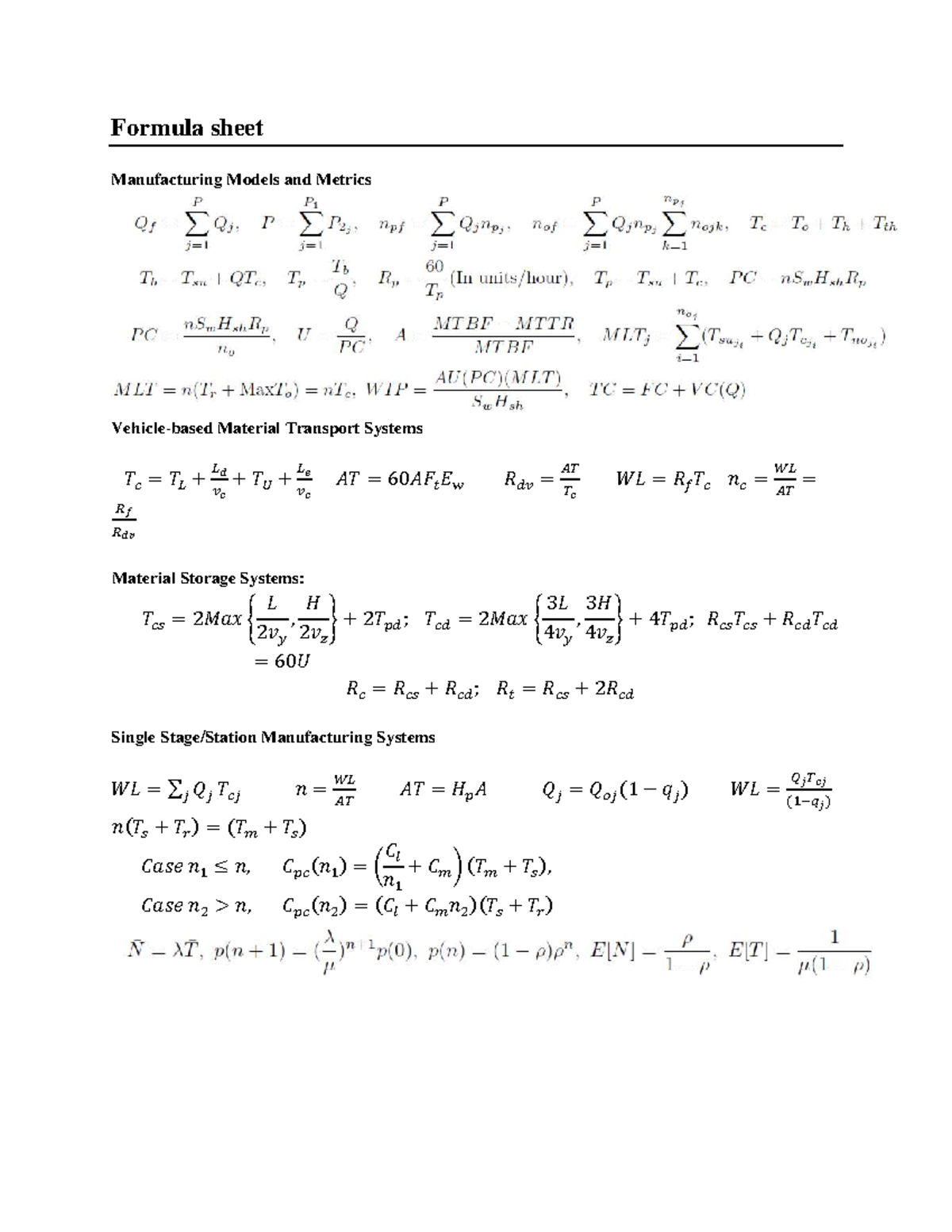 FS AMS - Formula Sheet for Manufacturing Models & Metrics - Studocu