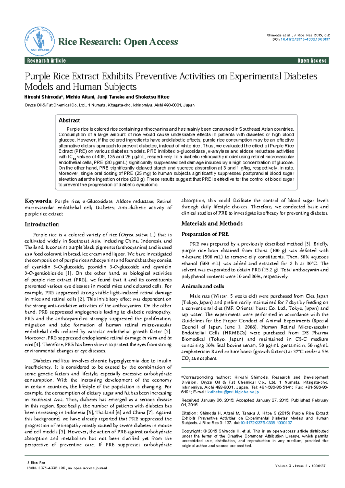 Purple Rice Extract's Role in Diabetes Prevention: J Rice Res 2015, 3:2 ...