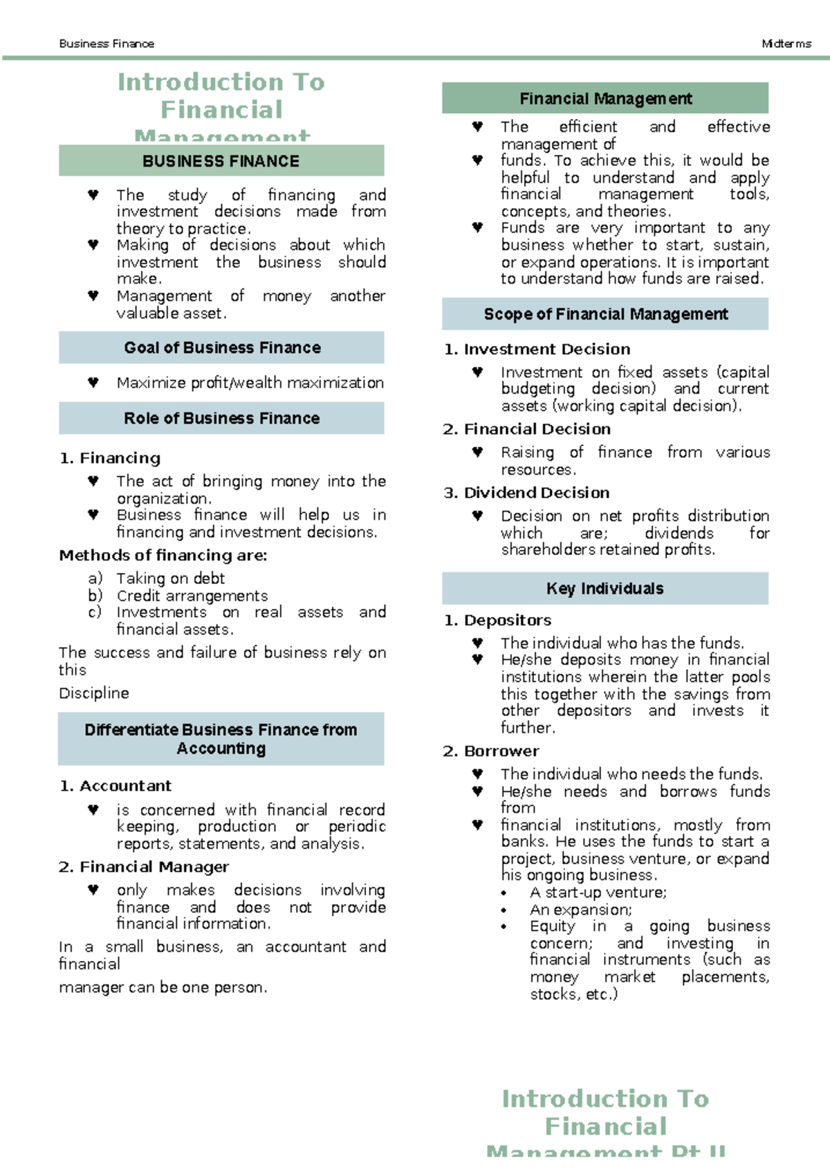 Business Finance (Bn FIN) Midterm Study Notes on Financial Management ...