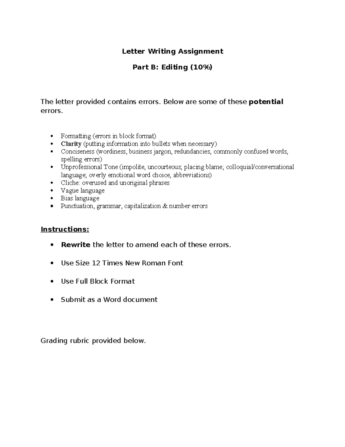 Letter Writing Assignment Part B: Error Correction and Revision - Studocu