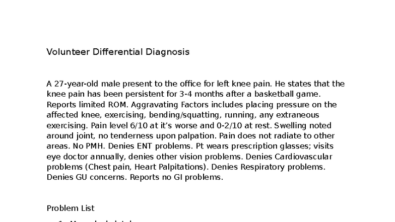 Volunteer Differential Diagnosis: Knee Pain Assessment and DDX - Studocu