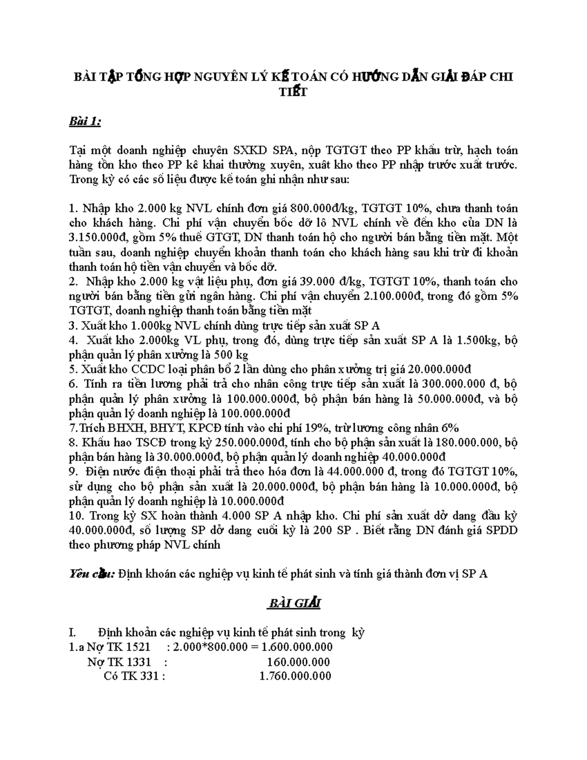 Bài Tập Tổng Hợp Nguyên Lý Kế Toán Có Lời Giải Từng Bài Tập Chi Tiết - Document Preview