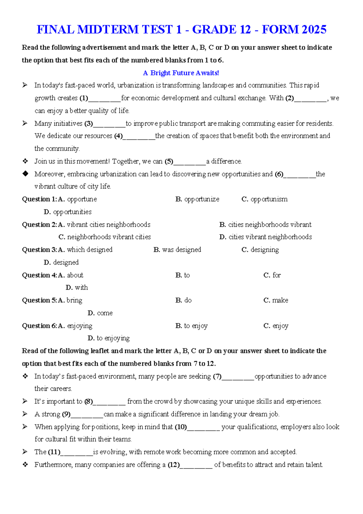 FINAL MIDTERM TEST 1 GRADE 12 FORM 2025 - Comprehensive Exam Review ...