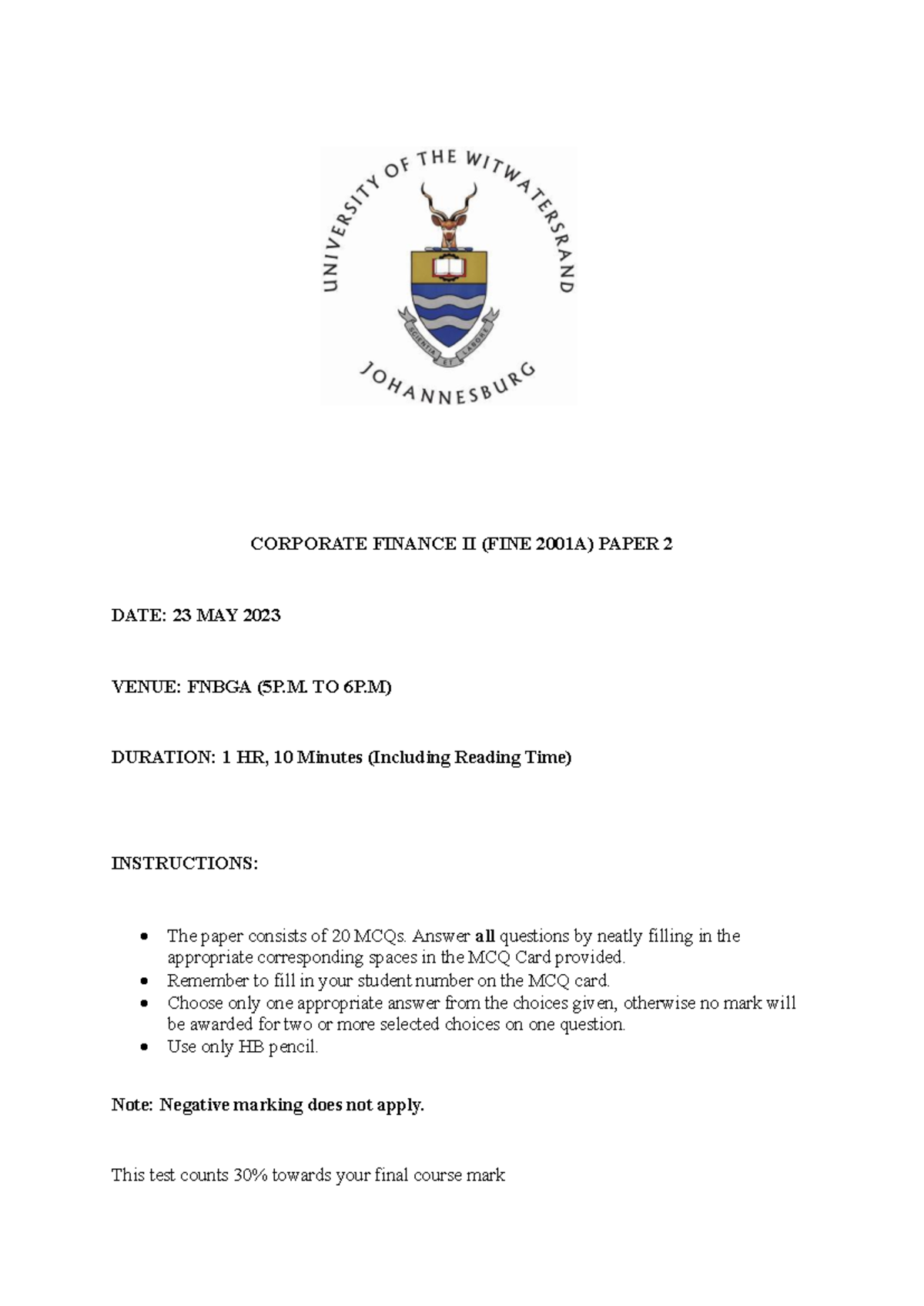 PT 2023 TEST 2 - FINE2001 A: CORPORATE FINANCE II MCQ Paper - Studocu