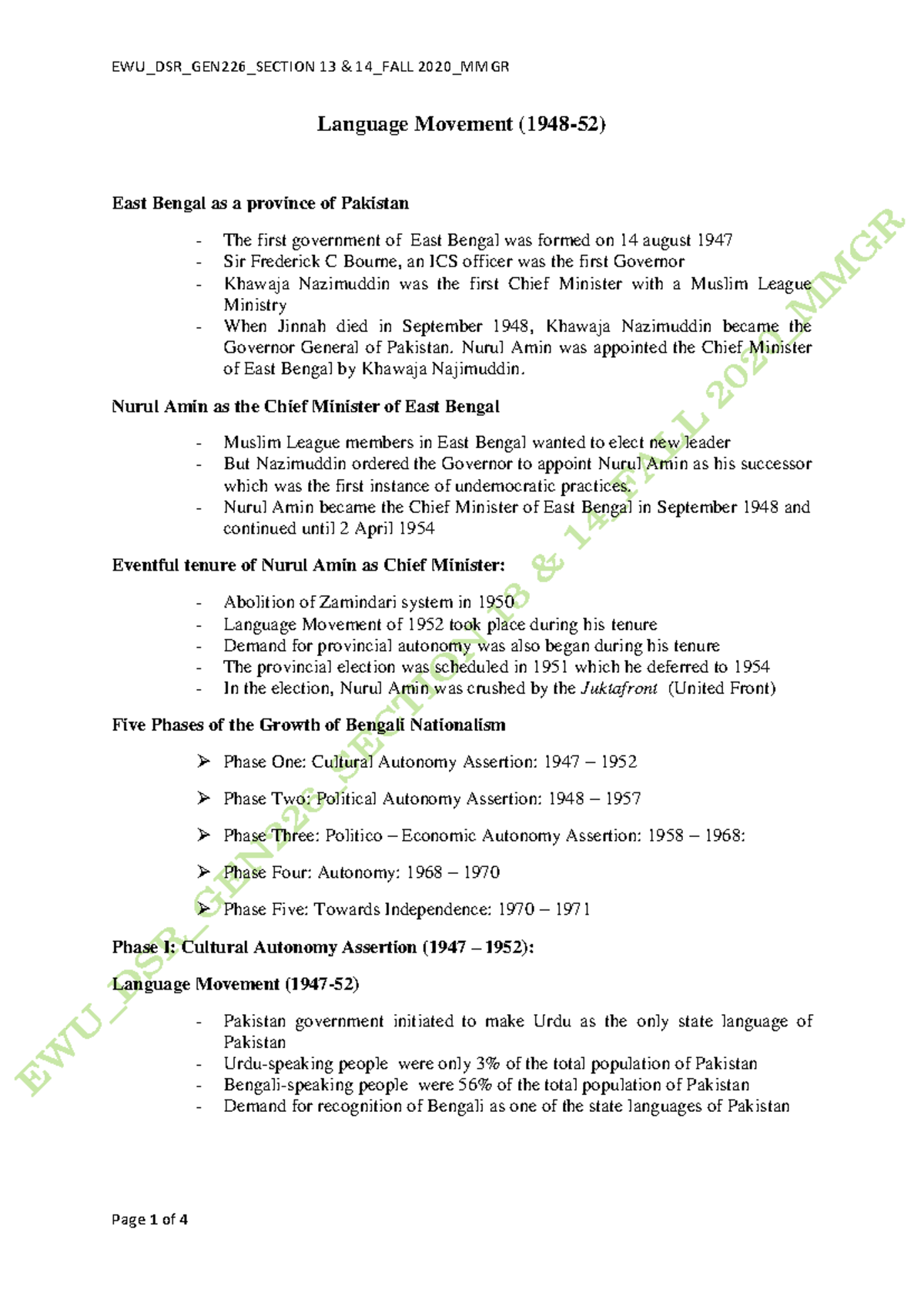 Guide to Lecture 3: Language Movement & Bengali Nationalism (1948-52) - Document Preview