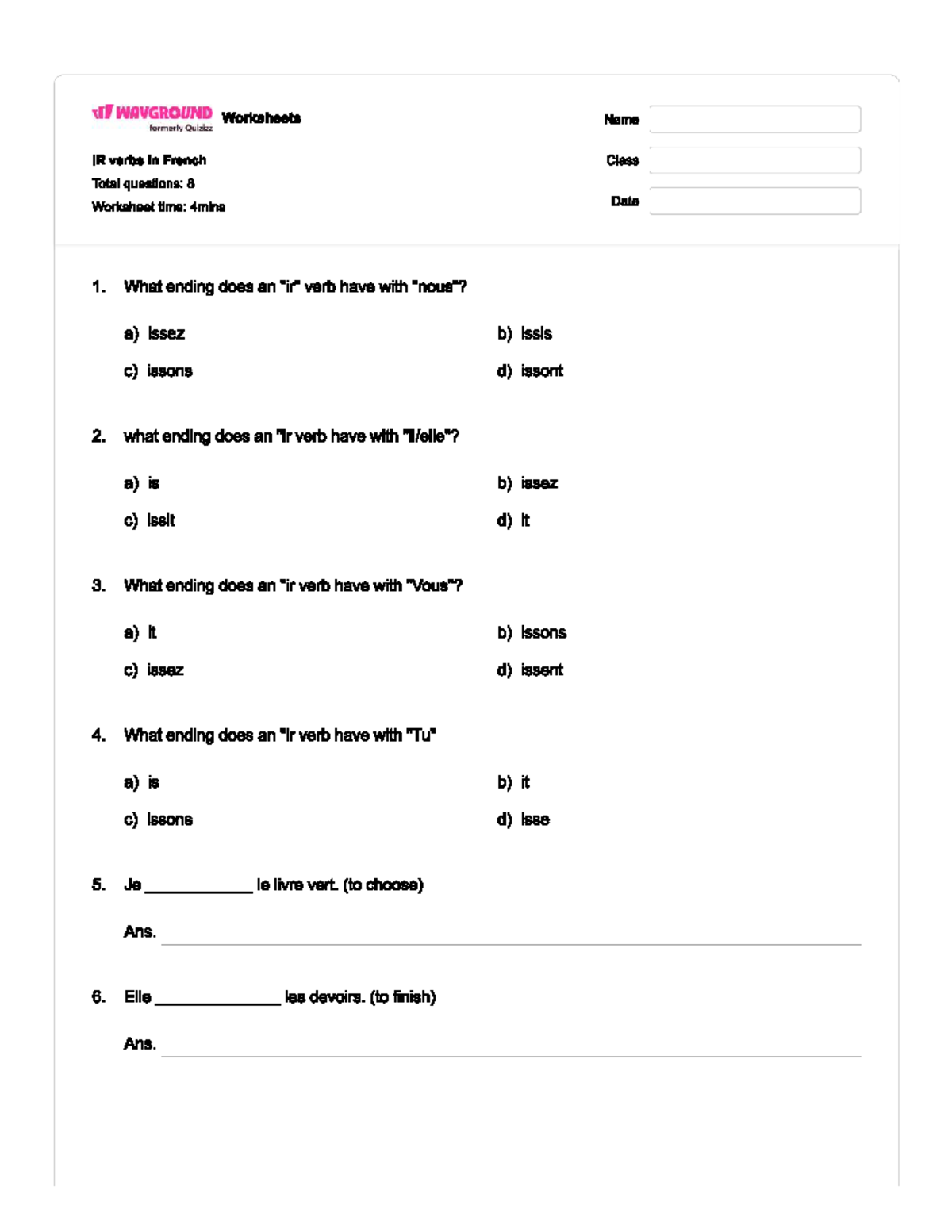 French IR Verbs - Basic Grammar Practice Worksheet - Studocu