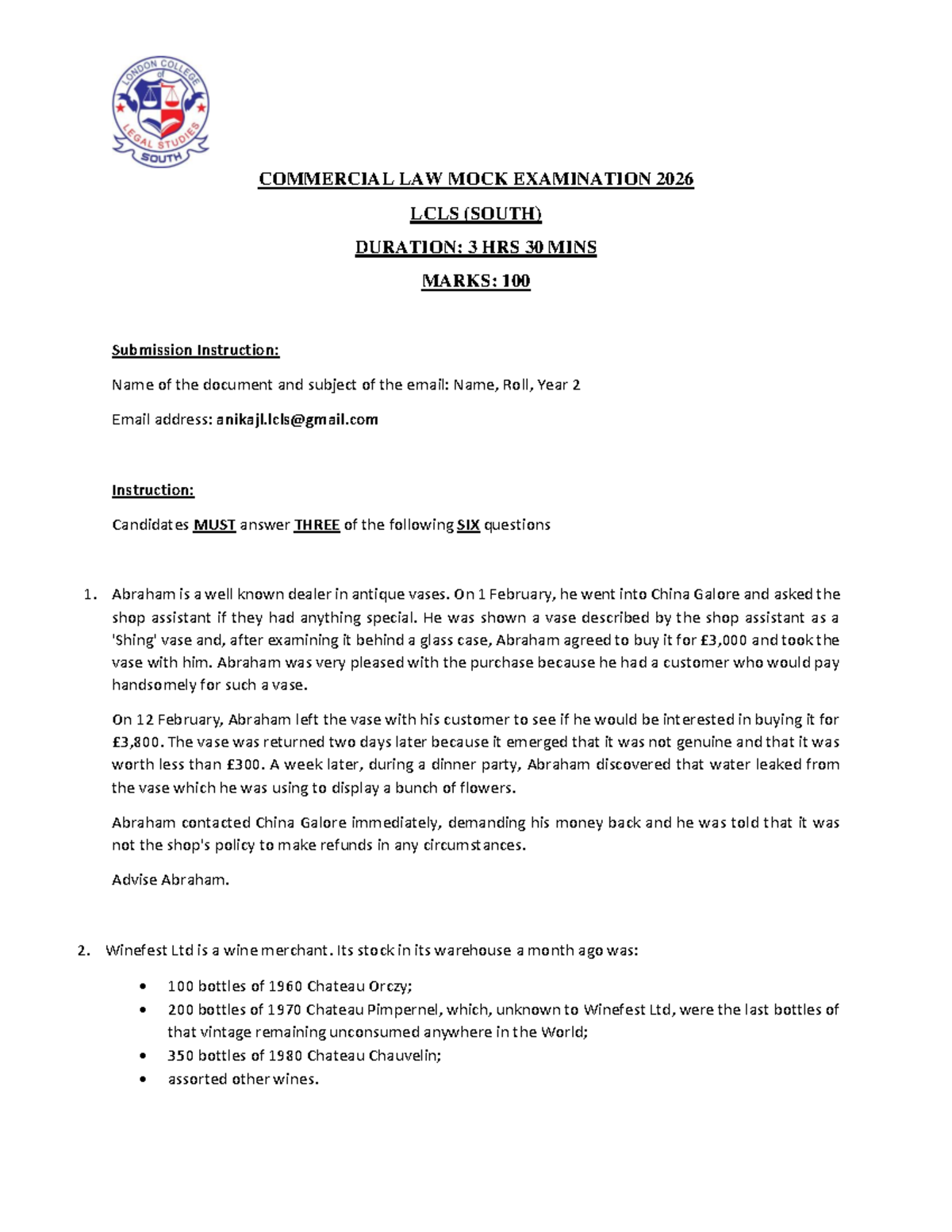 COMMERCIAL LAW MOCK EXAM 2026 LCLS (SOUTH) - 3 HRS 30 MINS - Studocu