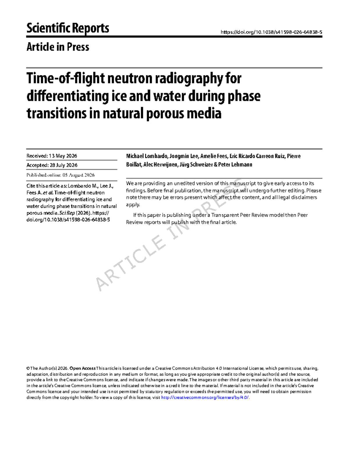 Neutron Radiography for Ice-Water Phase Transitions in Porous Media ...