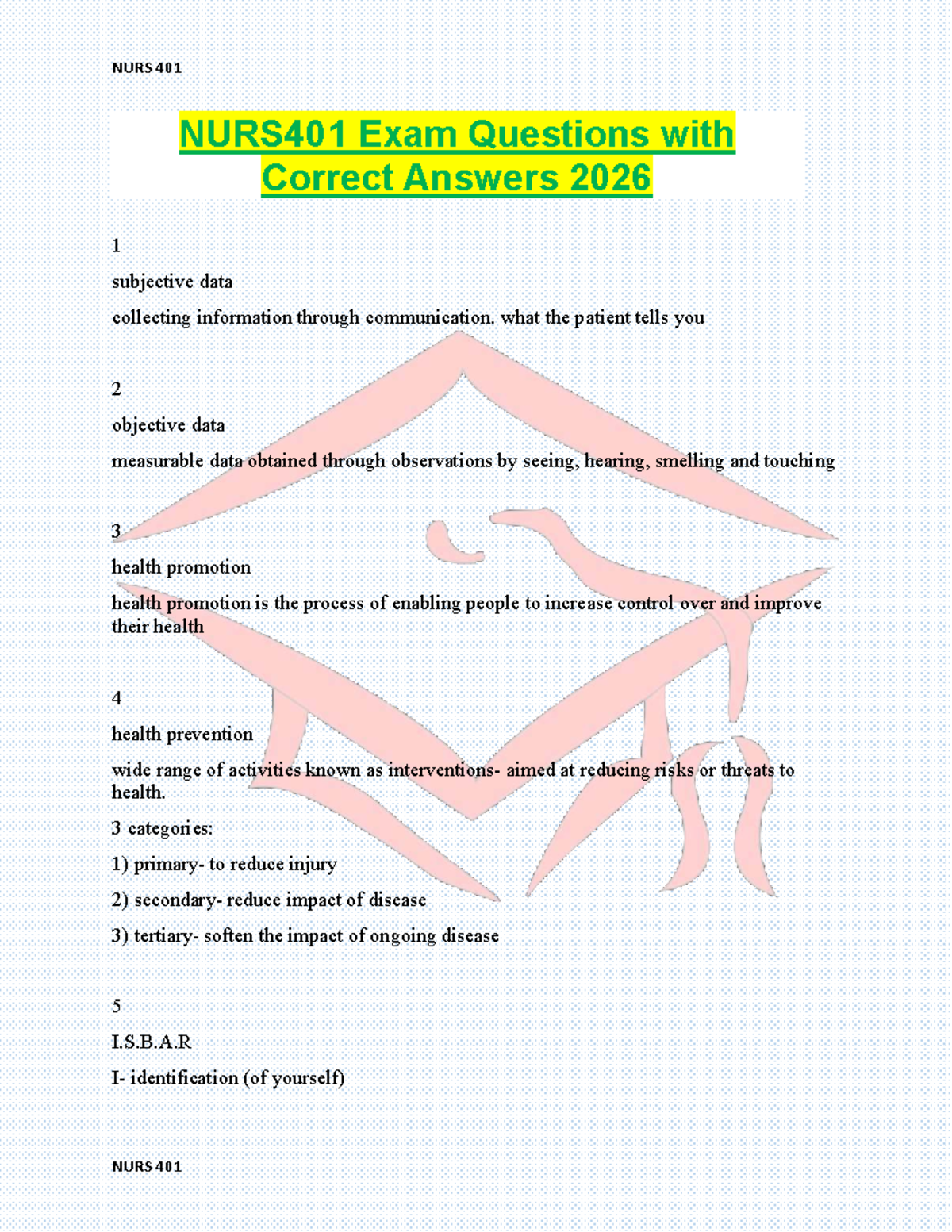 NURS 401 Final Exam Study Guide: Key Concepts and Answers 2026 - Studocu