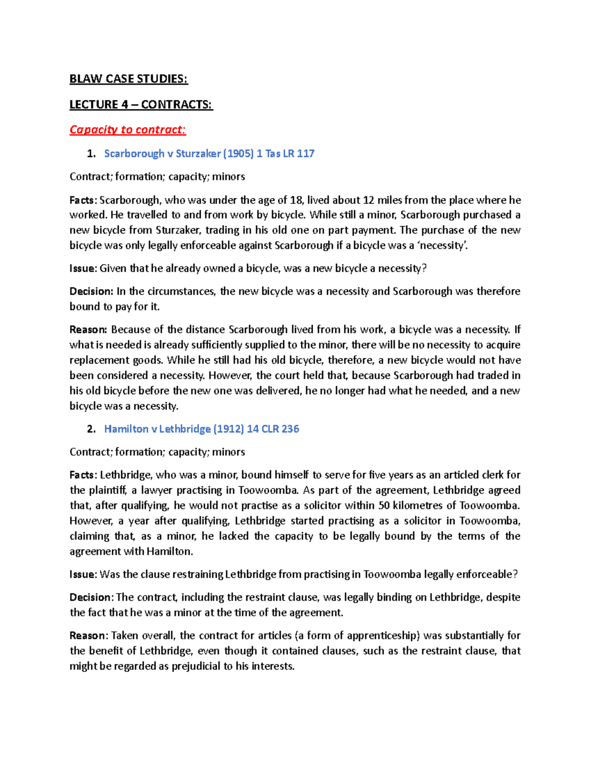 BLAW 101 Case Study Notes on Contracts & Capacity to Contract - Studocu