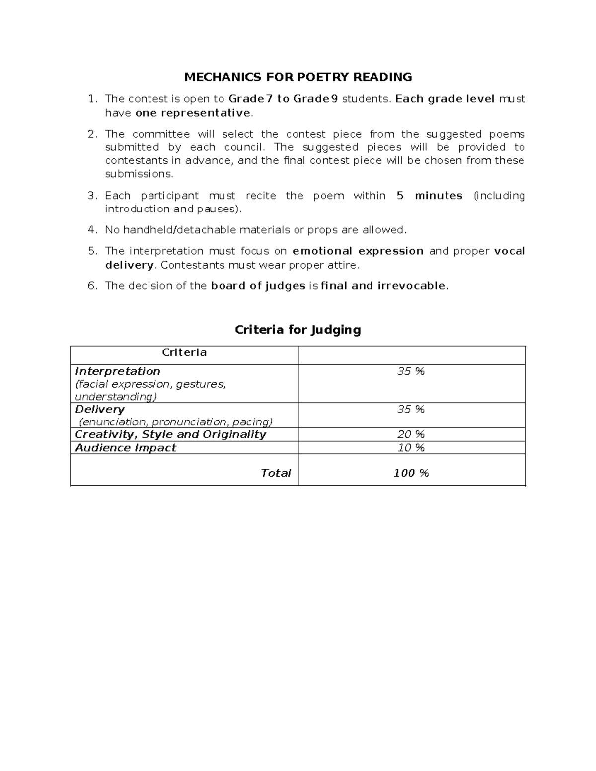 Mechanics for Poetry Reading Contest: Grades 7-9 Guidelines - Studocu