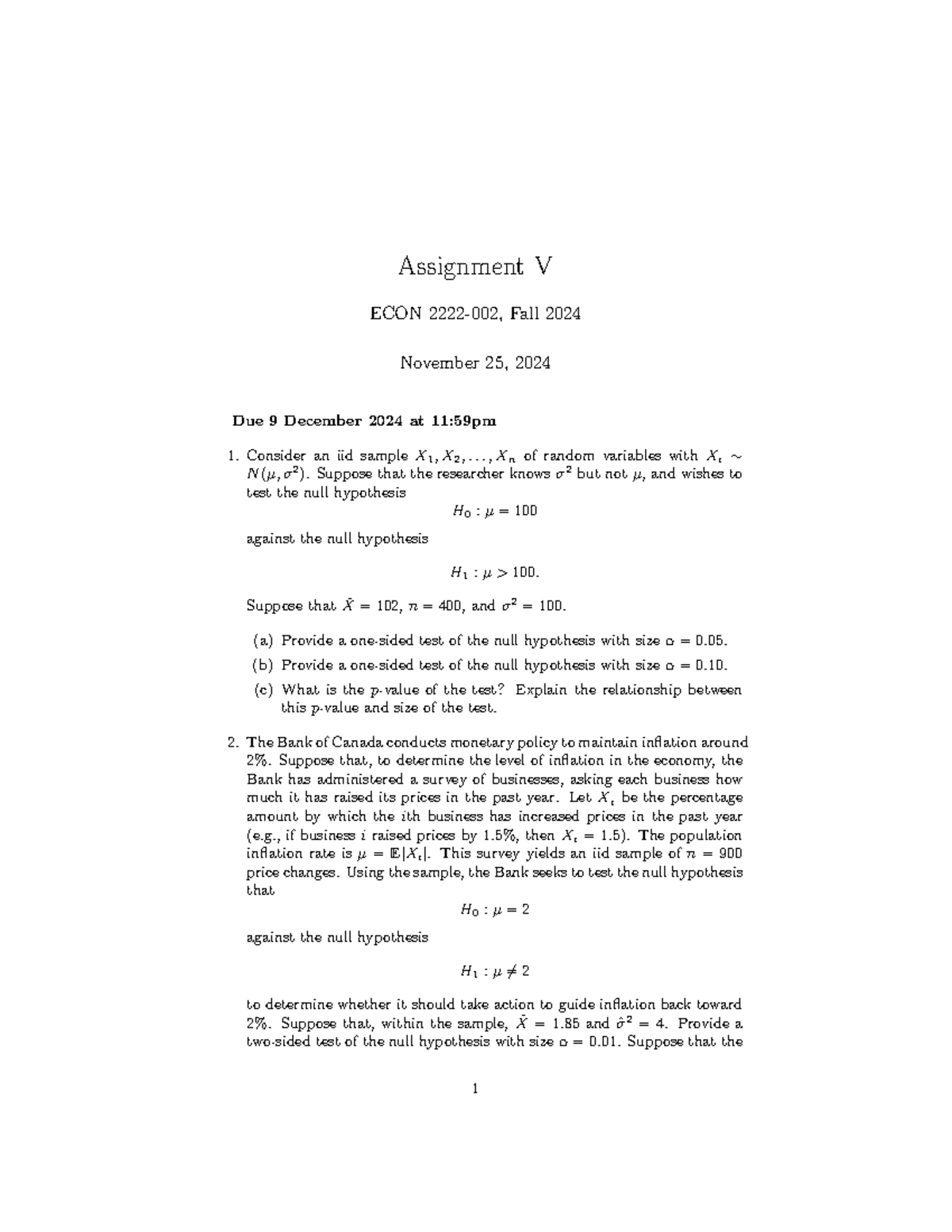 Assignment 5 - notes - Assignment V ECON 2222-002, Fall 2024 November ...