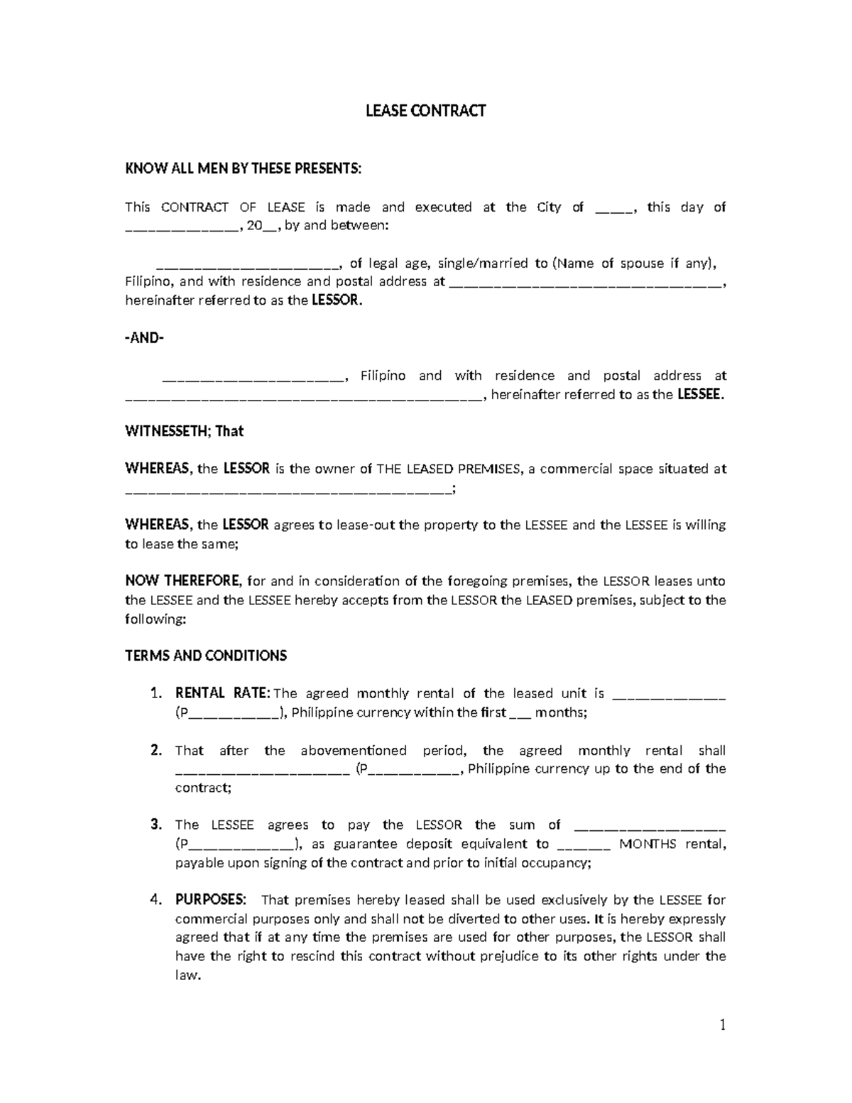 LEASE CONTRACT SAMPLE: TERMS & CONDITIONS (158111887) - Studocu