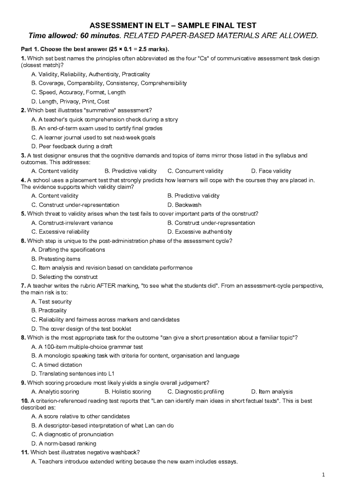 Assessment in ELT: Sample Final Test (60 min) - Studocu