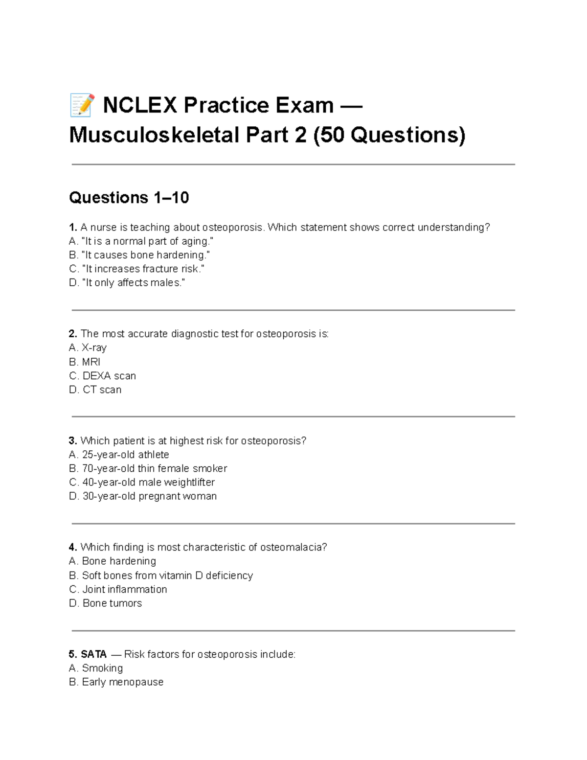NCLEX Musculoskeletal Practice Exam Part 2: 50 Questions & Answers ...