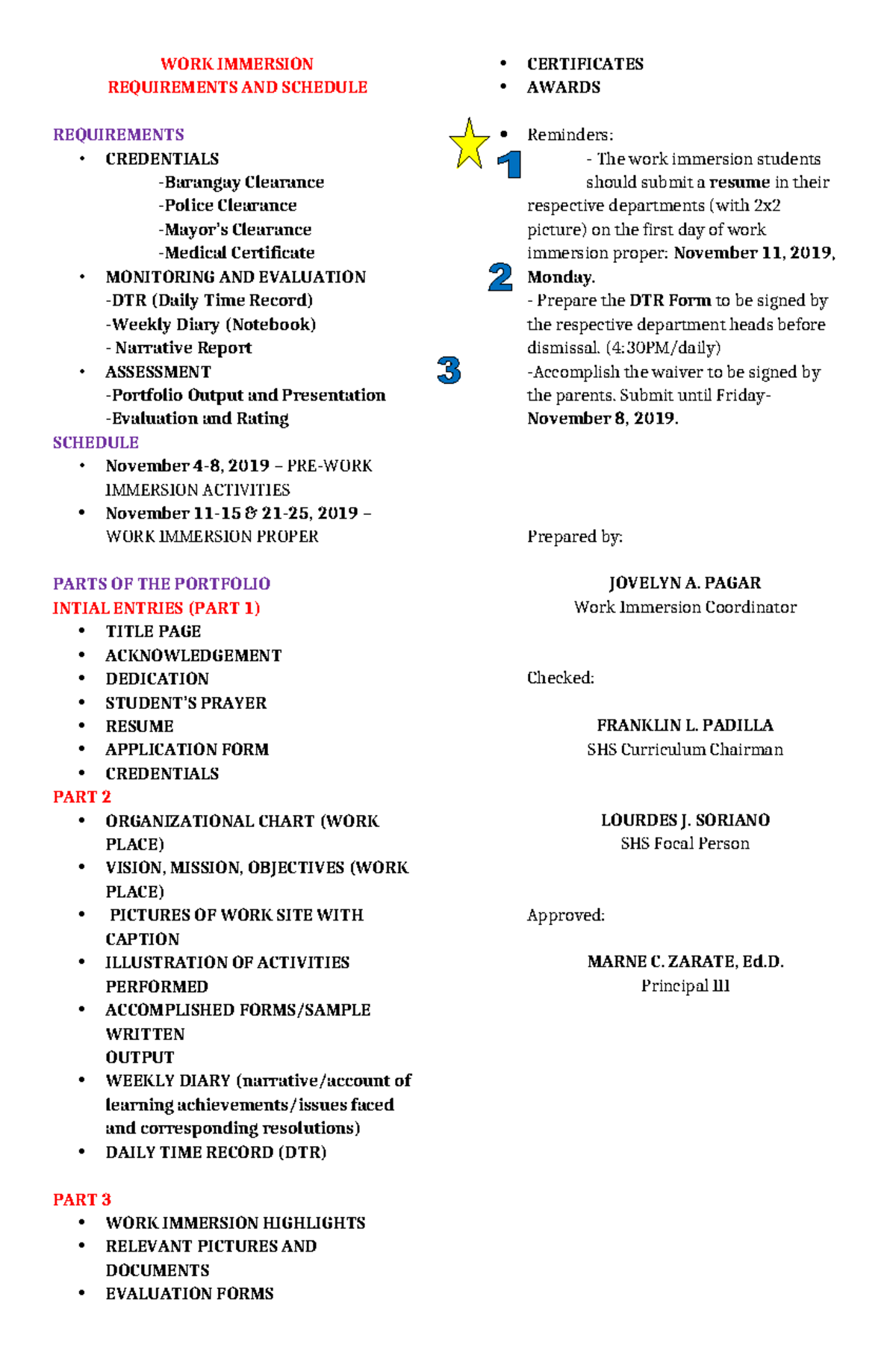 WORK Immersion schedule of activities - WORK IMMERSION REQUIREMENTS AND ...