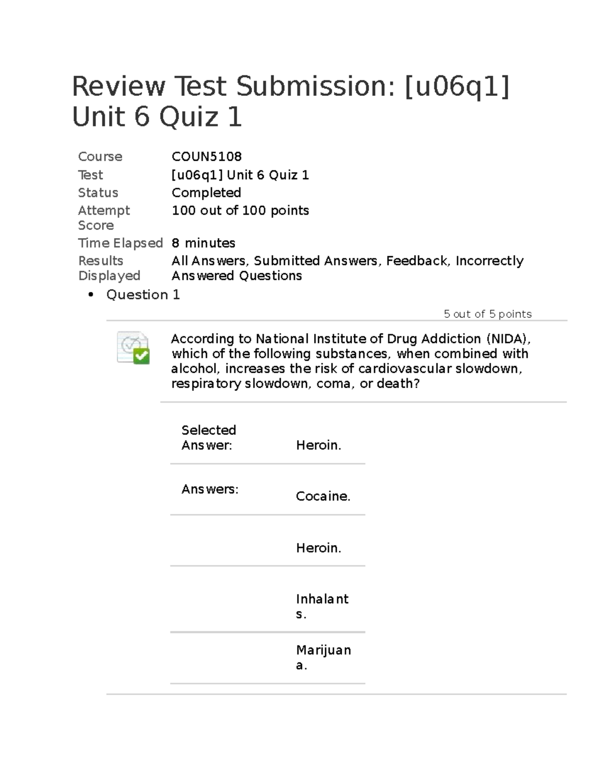 Coun 5108 Unit 6 Quiz 1 Review Test And Feedback Summary Studocu
