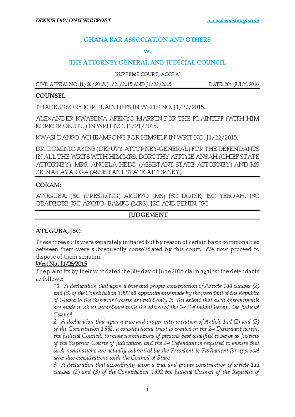 Ghana BAR Assoc. v AG & Judicial Council: Supreme Court Ruling J1/2015 ...