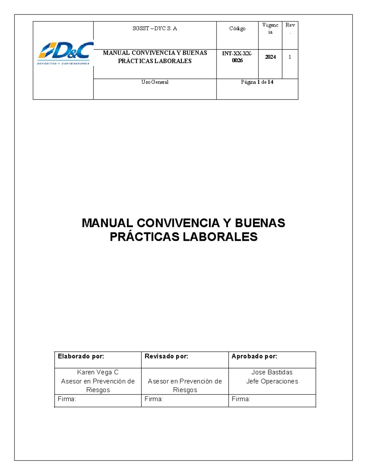 Manual de Convivencia y Buenas Prácticas Laborales INT-XX-XX-0026 - Studocu