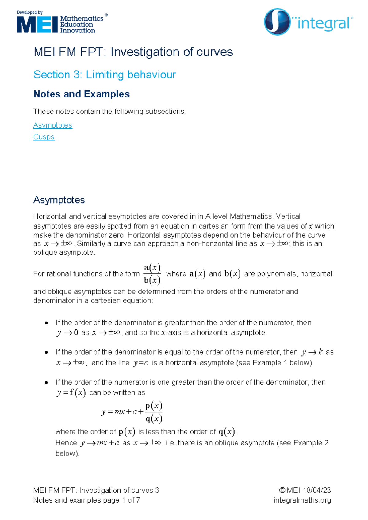 MEI FM FPT: Curves Investigation - Limiting Behaviour Notes - Studocu