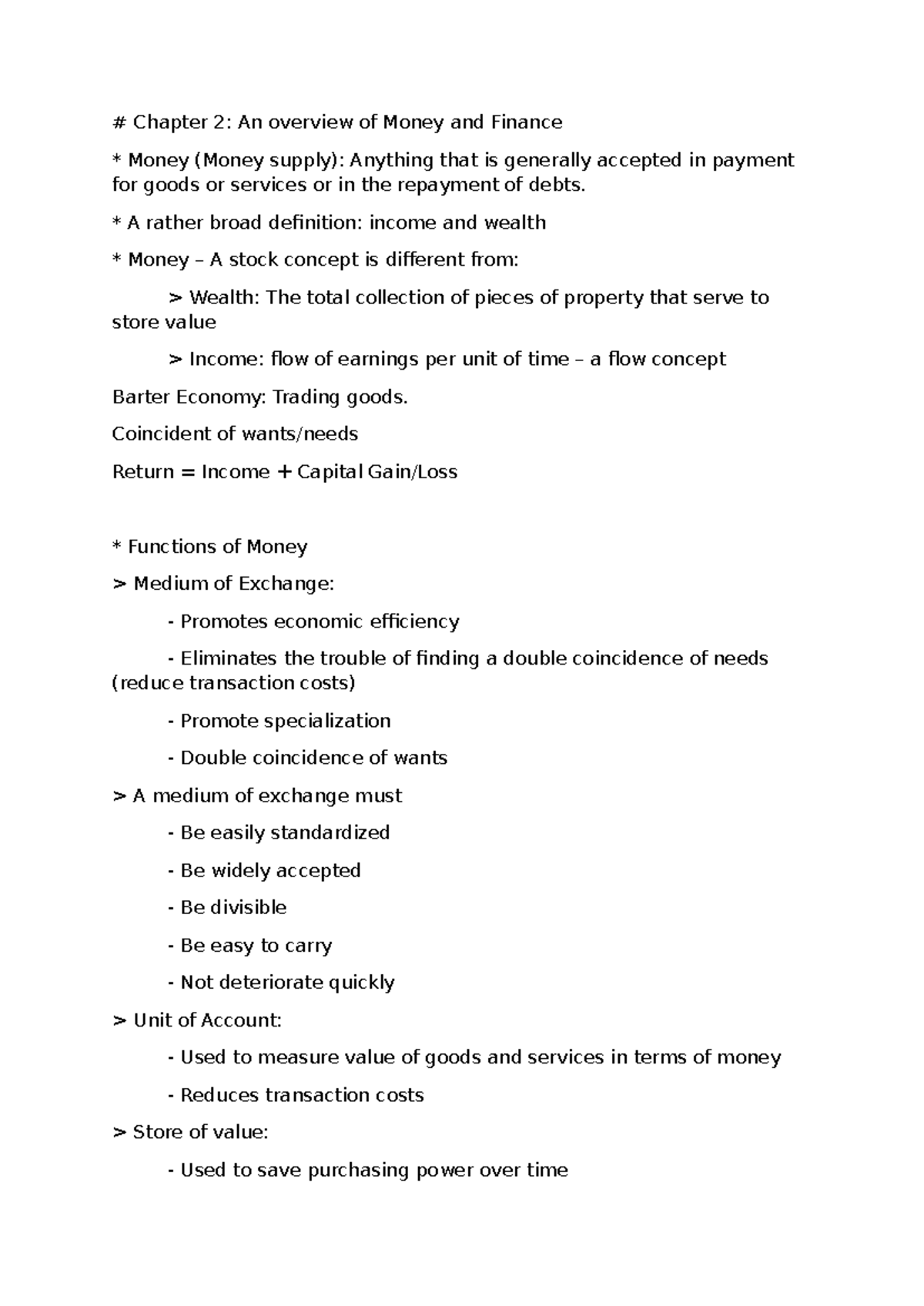 Note - Lecture note - Chapter 2: An overview of Money and Finance Money ...