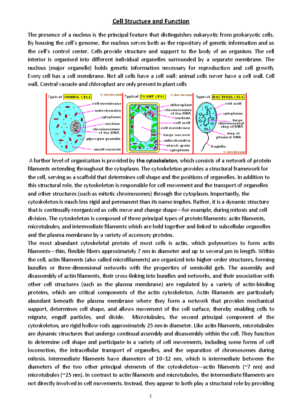 Cell bio lecture 1$2 - CELL BIOLOGY - Cell Structure and Function The ...