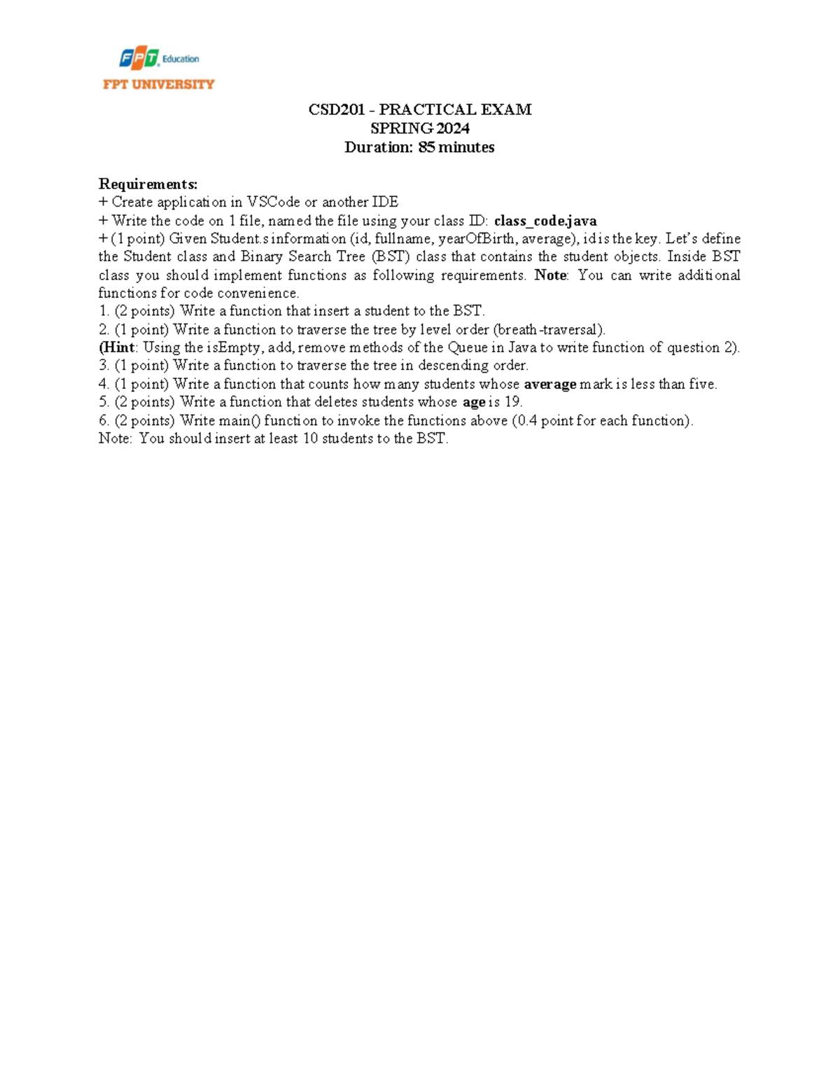 CSD201 PRACTICAL EXAM SPRING 2024: BST & Student Class Implementation ...