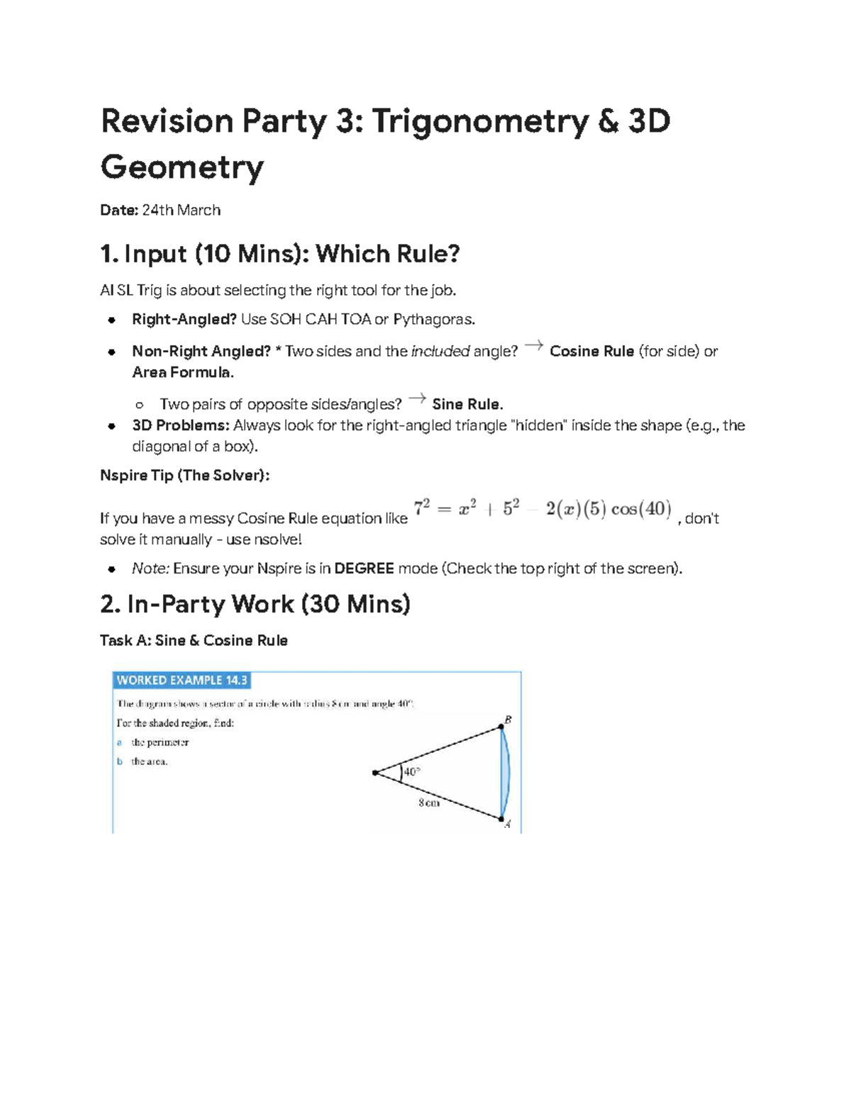 Revision Party 3: Trigonometry & 3D Geometry Worksheet - Studocu