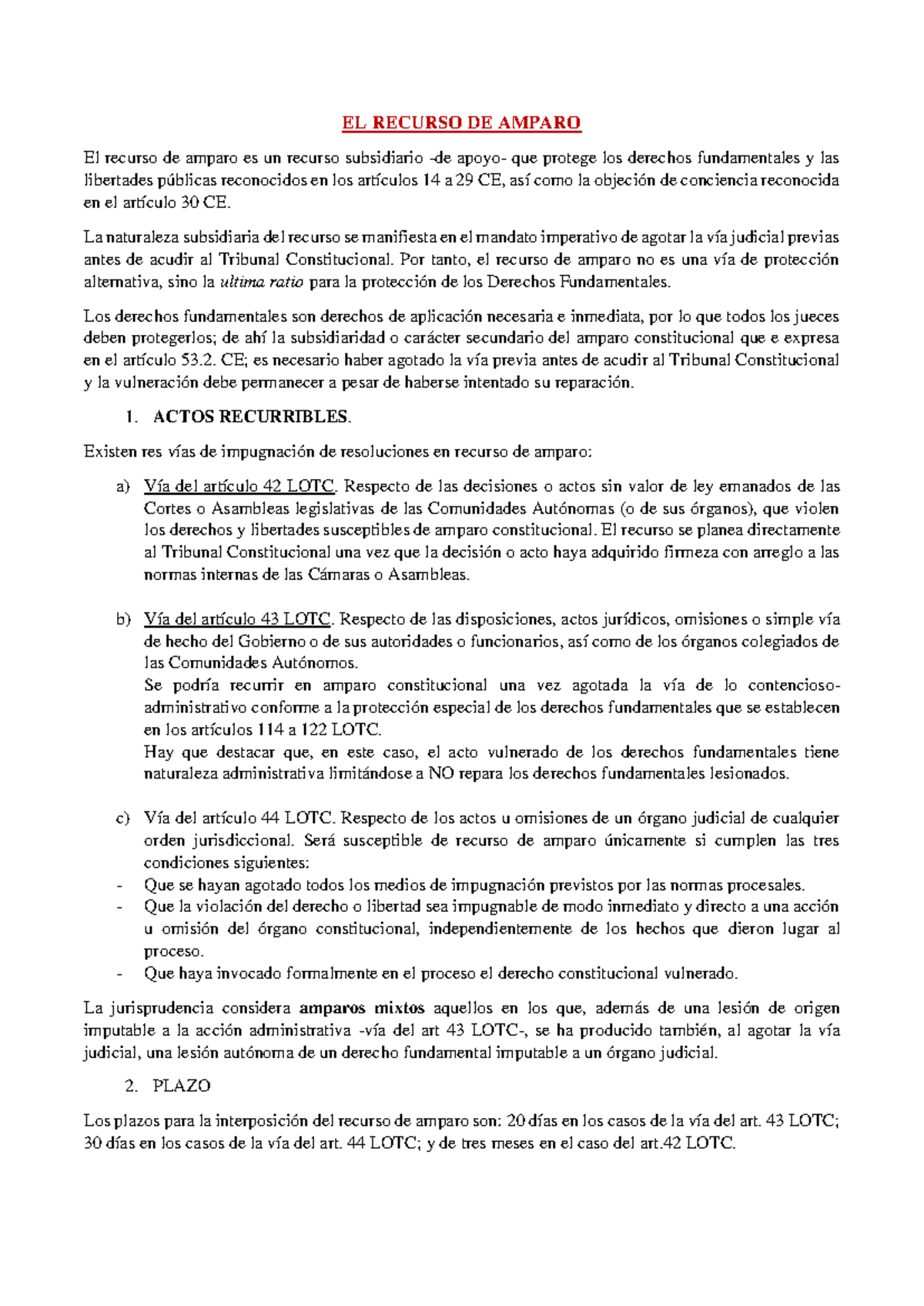 Recurso DE Amparo - EL RECURSO DE AMPARO El recurso de amparo es un ...