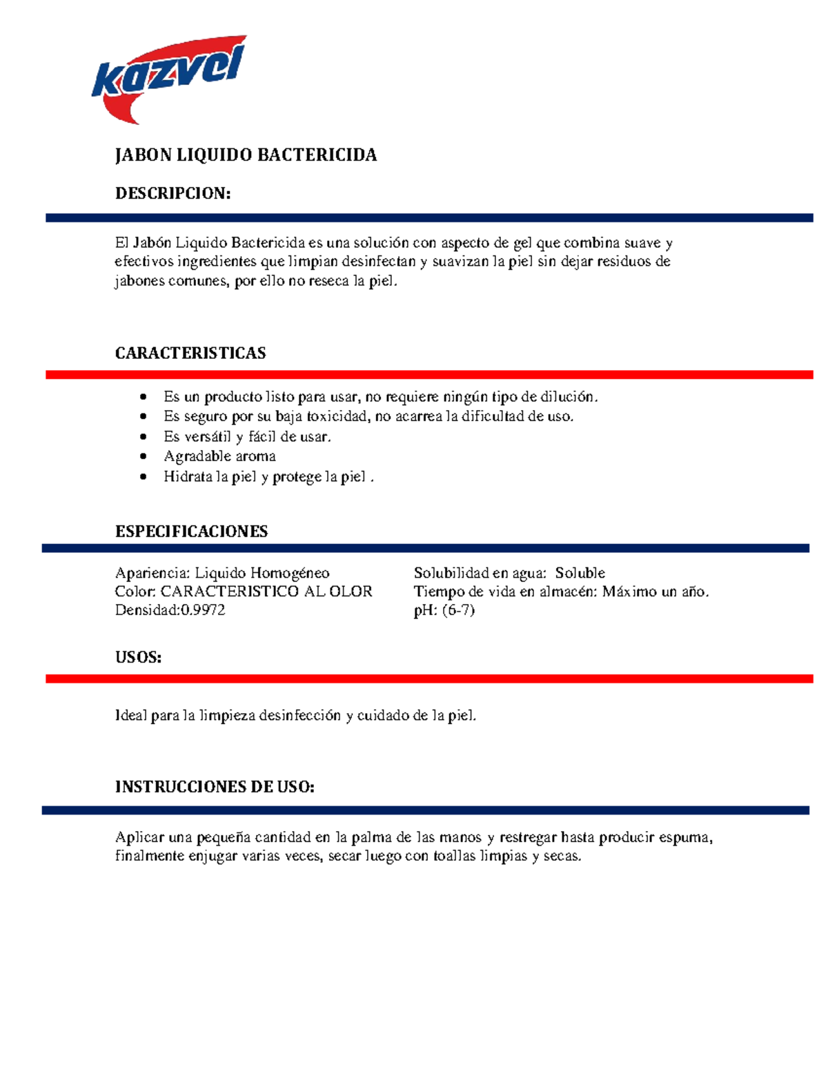 Ficha Técnica del Jabón Líquido Antibacteriano Kazvel - Document Preview