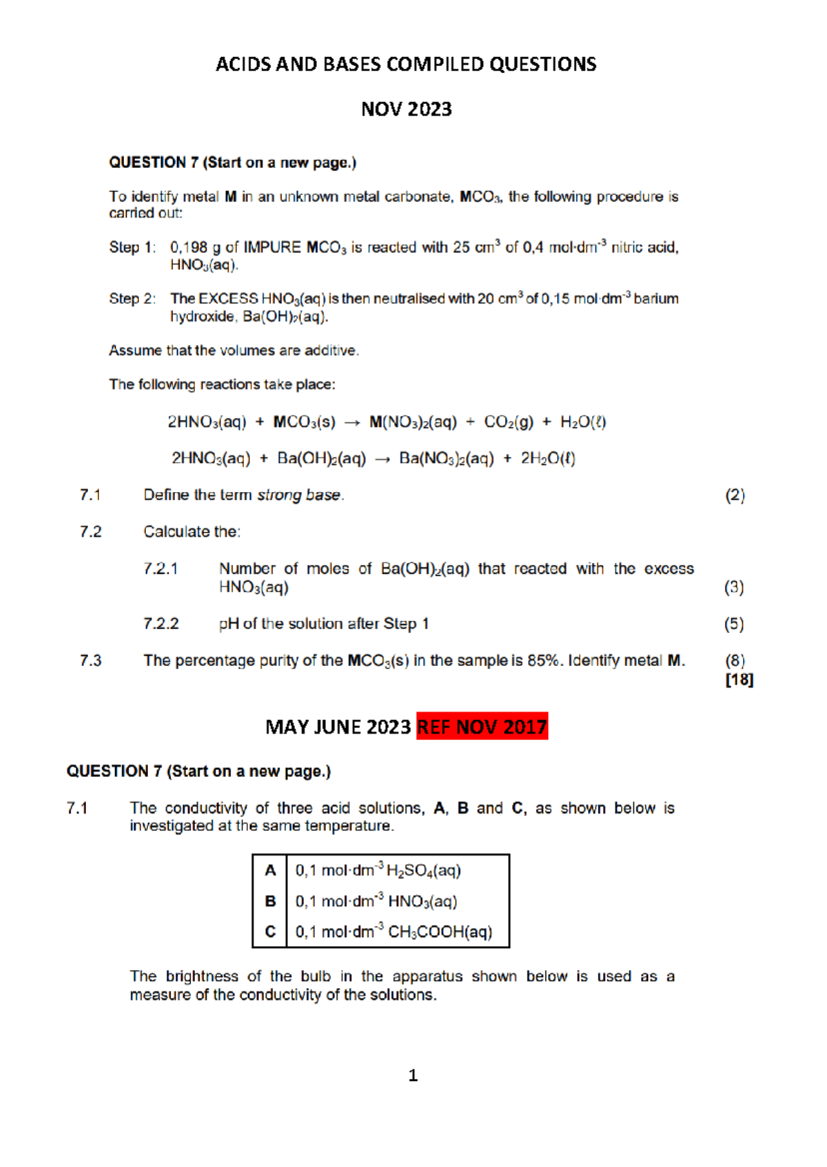 Acids and Bases Past Papers 2023 Compilation for Exams - Studocu