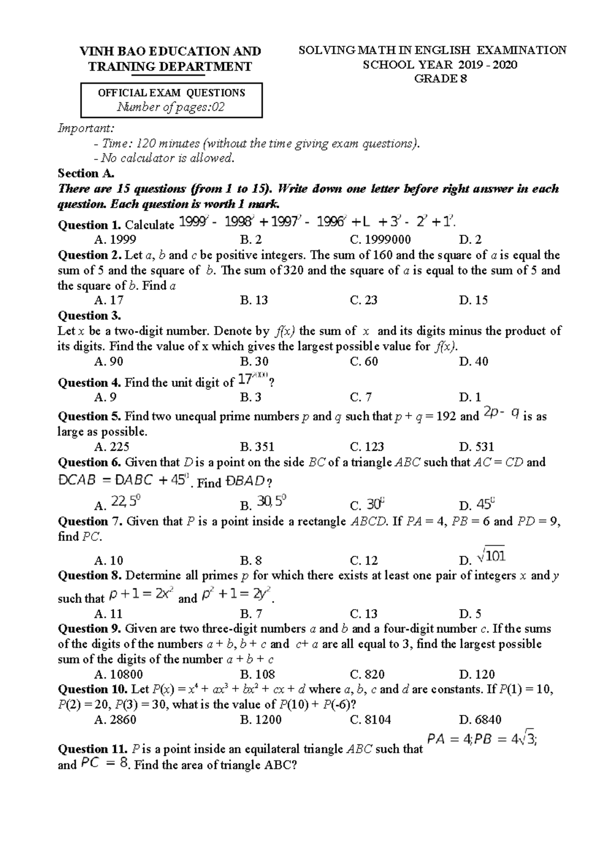 Grade 8 Math Exam Questions (2019-2020) - English Version - Studocu