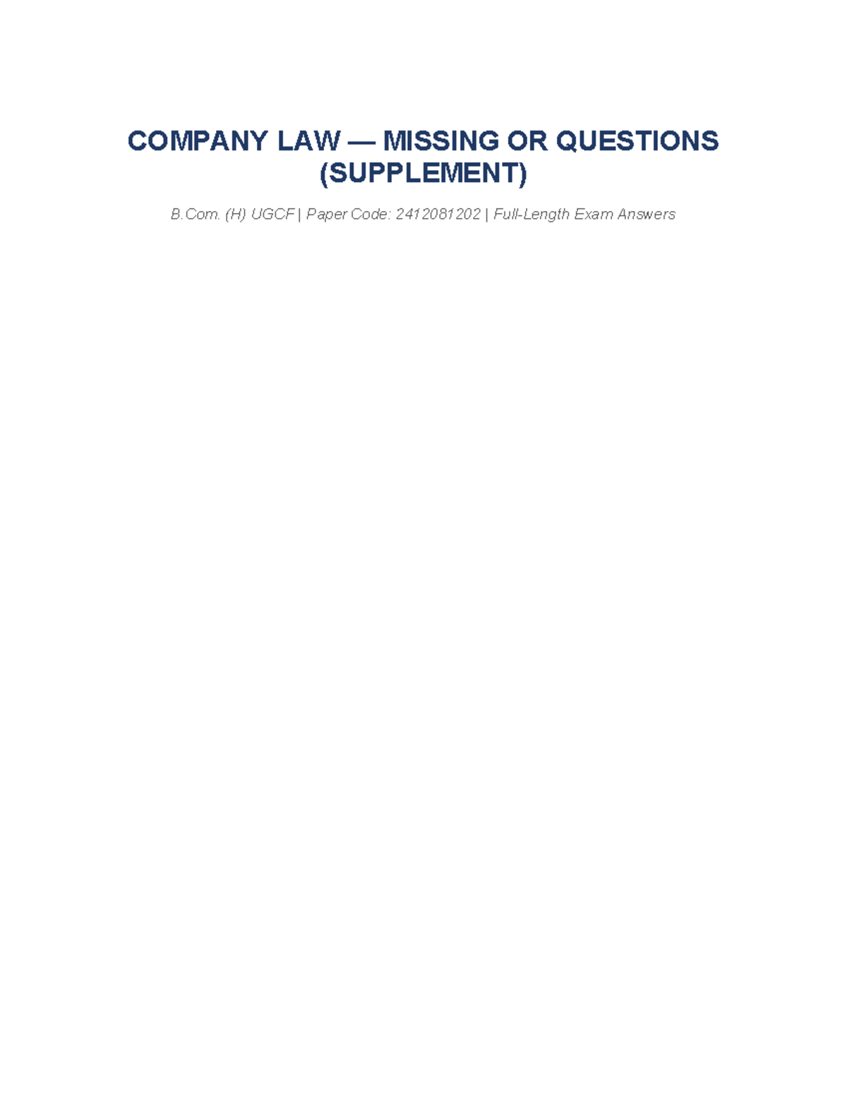 Company Law OR Questions Supplement - B.Com. (H) UGCF 2412081202 - Studocu