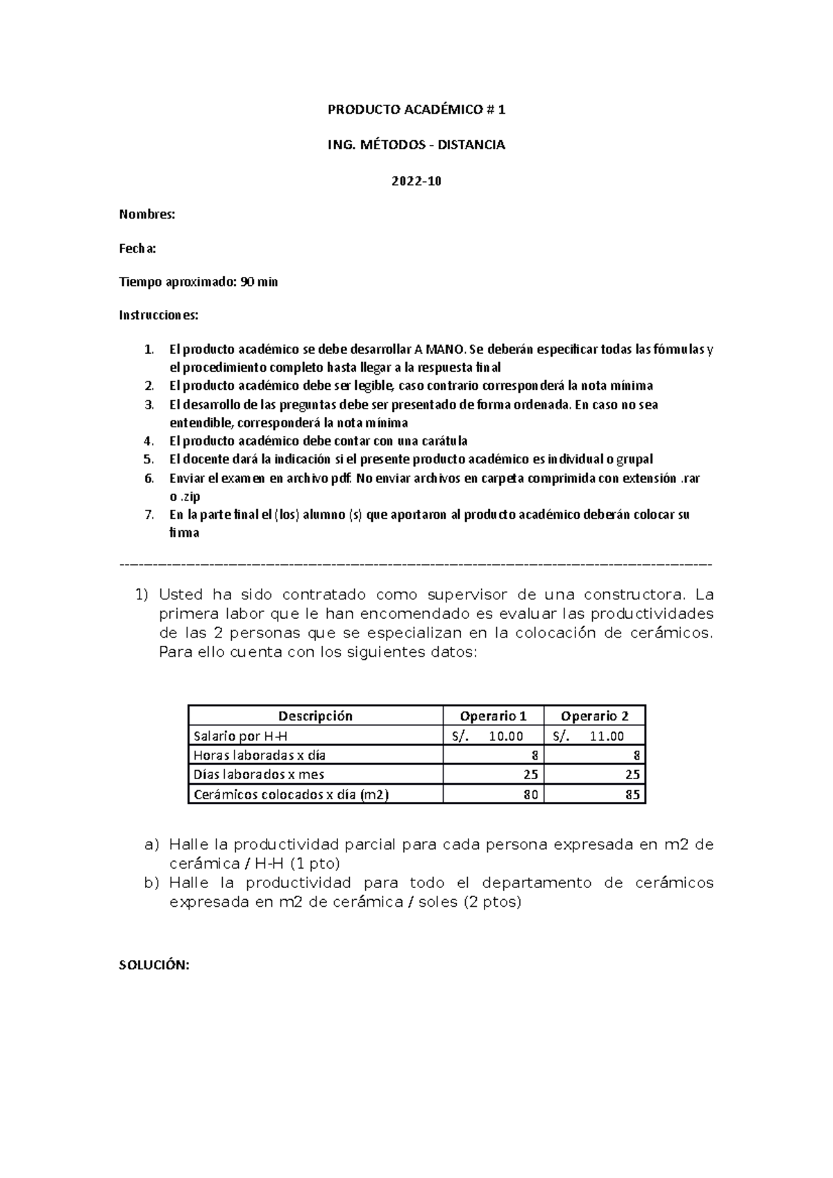 PA1 ING Métodos - Producto Académico 1: Evaluación de Productividad - Document Preview