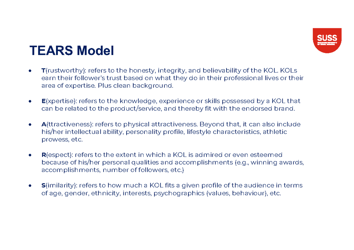 MKT354 Tears Model - Notes - TEARS Model T(rustworthy): refers to the ...