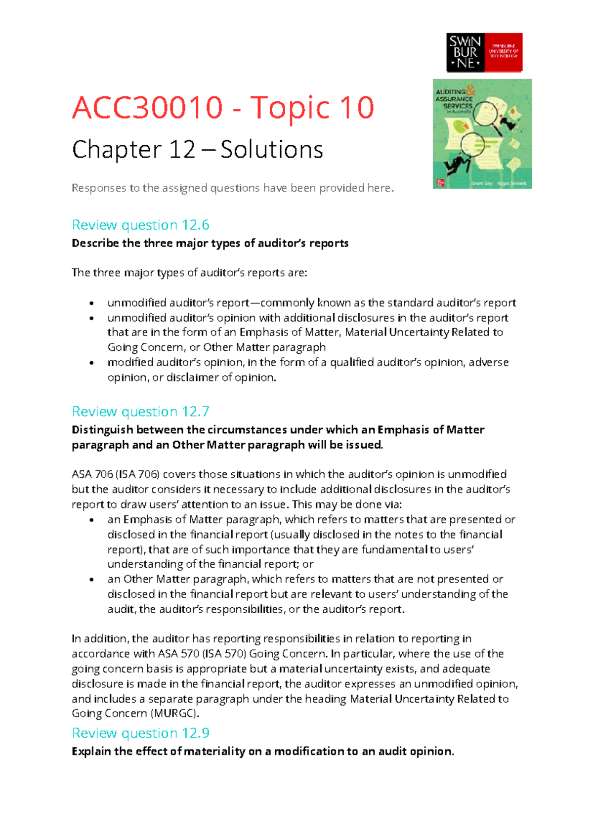 ACC30010 Topic 10 Chapter 12 Audit Opinion Modifications Explained ...