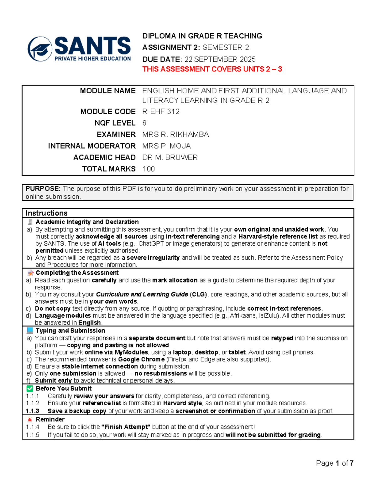 DIPLOMA IN GRADE R TEACHING: ASSIGNMENT 2 - LANGUAGE & LITERACY (312 ...