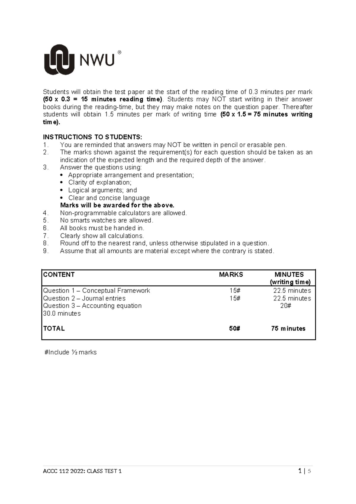 ACCC 112 2022 Class Test 1: Financial Reporting & Accounting Concepts ...