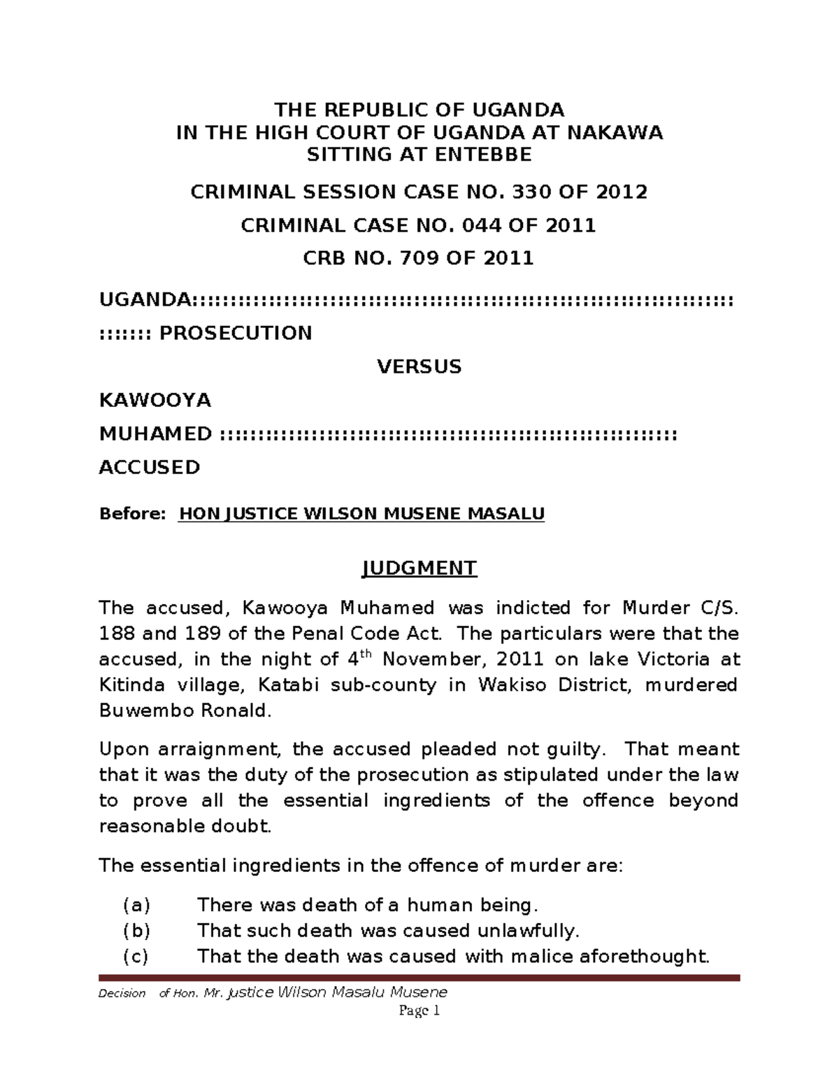 Uganda v Kawoya (Criminal Case No. 044 of 2011) - Judgment Analysis ...
