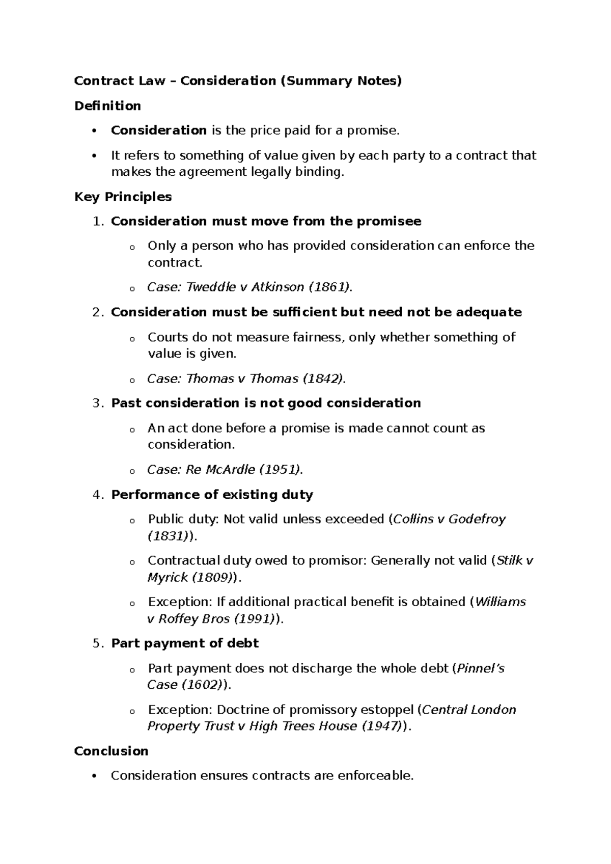 Contract Law (LAW101) Summary Notes on Consideration Principles - Studocu