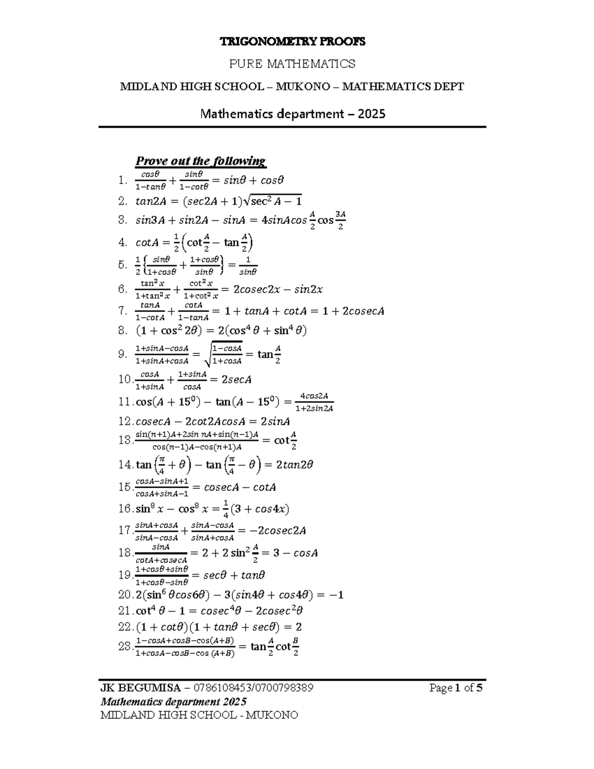TR 100 - Trigonometry Proofs - Final Exam Notes - Midland High School ...