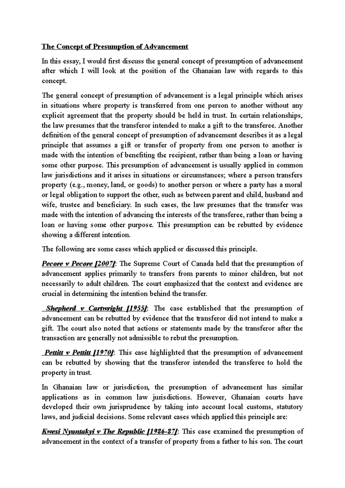 Ghanaian Law on Presumption of Advancement: An Essay Analysis - Studocu