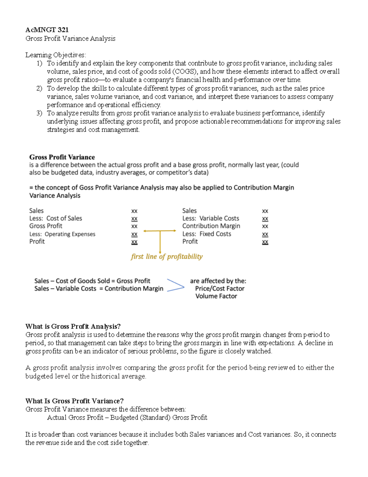 AcMNGT 321 Gross Profit Variance Analysis Handout - Studocu
