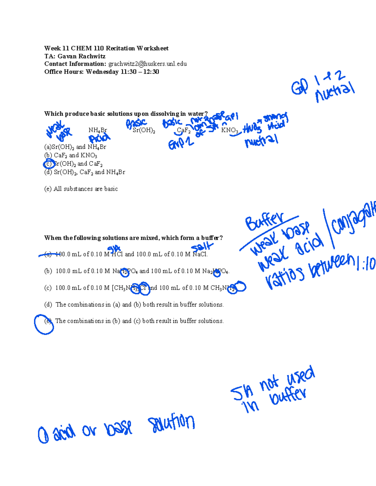 Week 11 CHEM 110 Recitation Worksheet: Basic Solutions & Buffers - Studocu