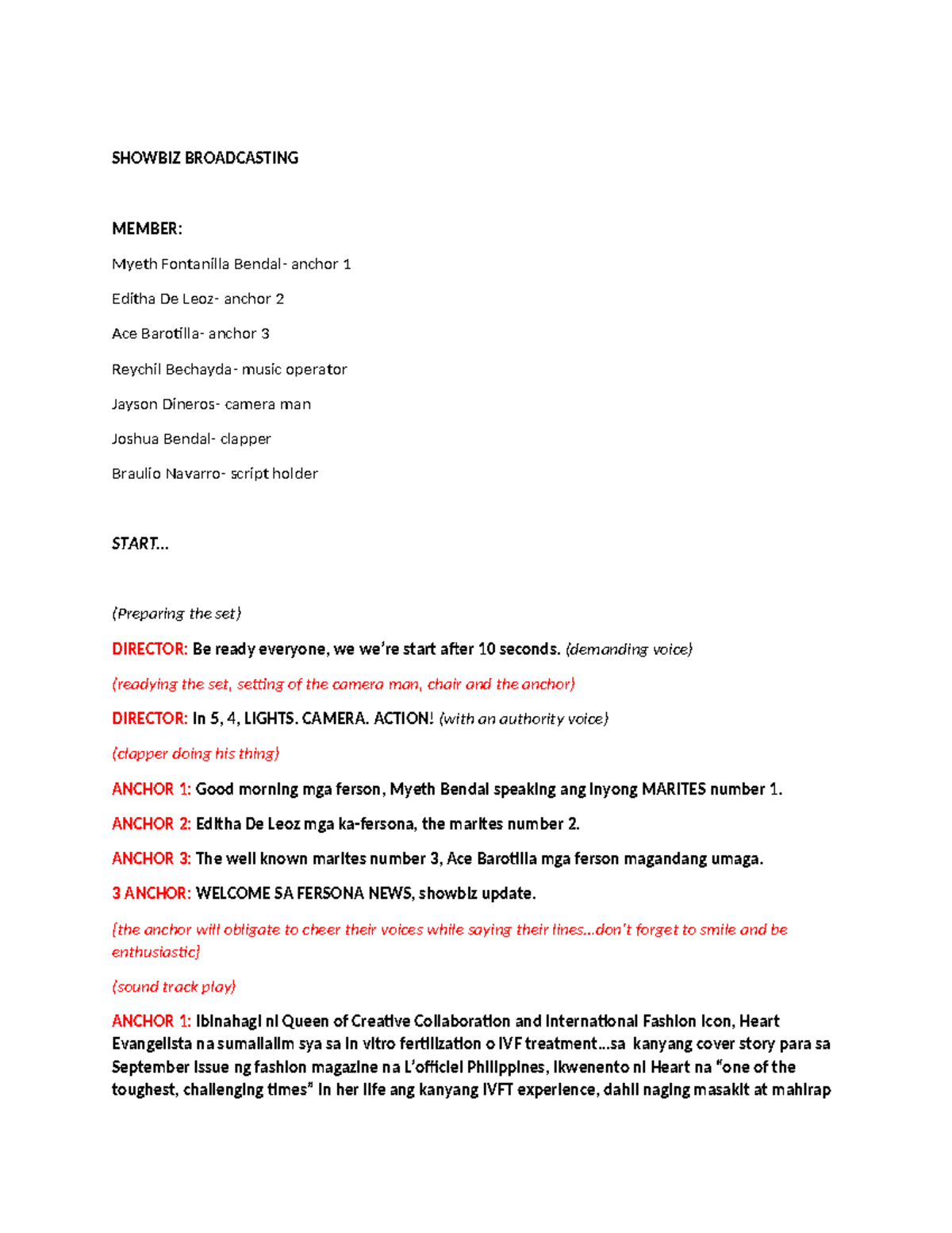 Showbiz Broadcasting - Production Notes (Fersona News Segment) - Studocu
