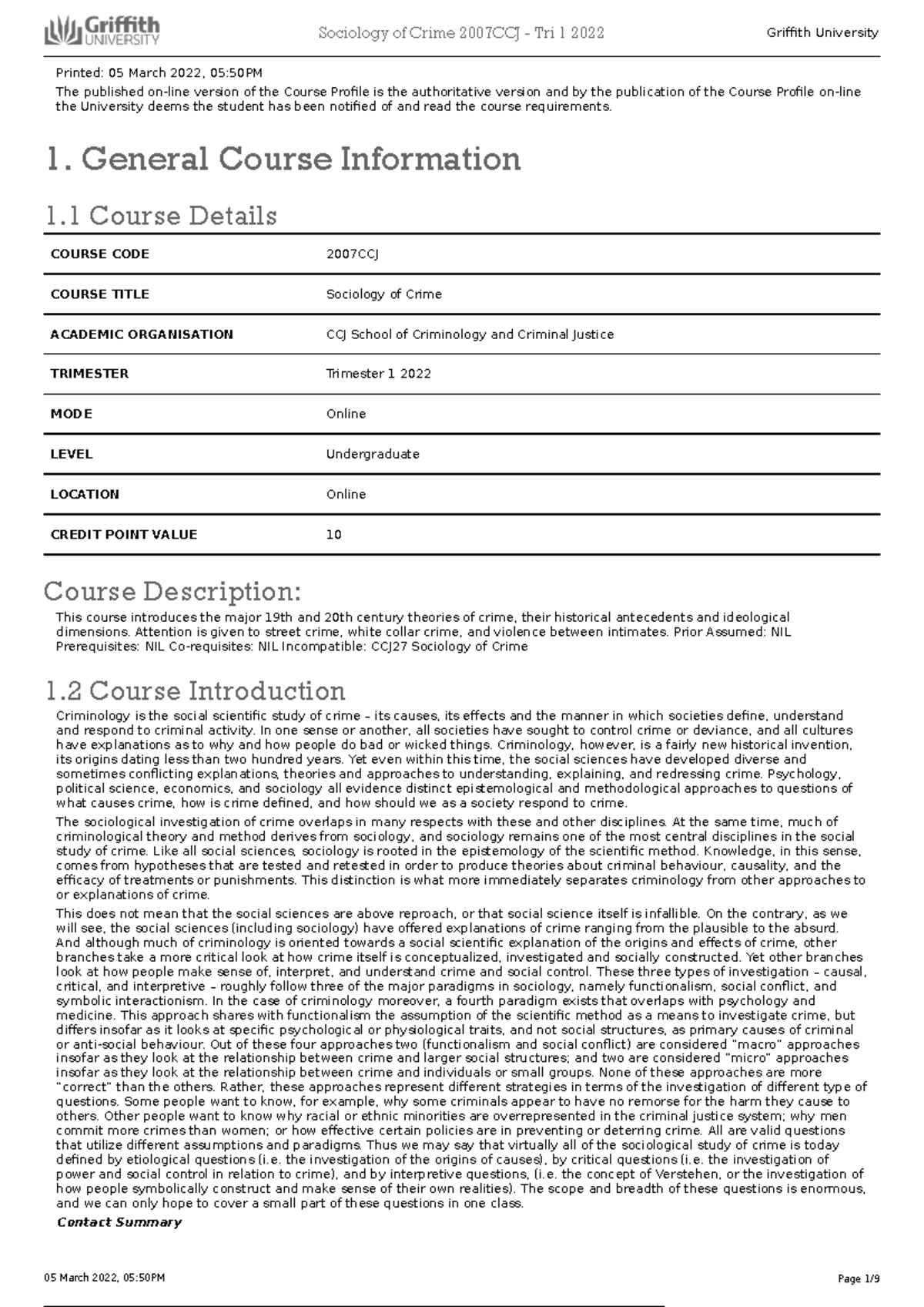 Course Profile 2007 CCJ - Printed: 05 March 2022, 05:50PM The published ...