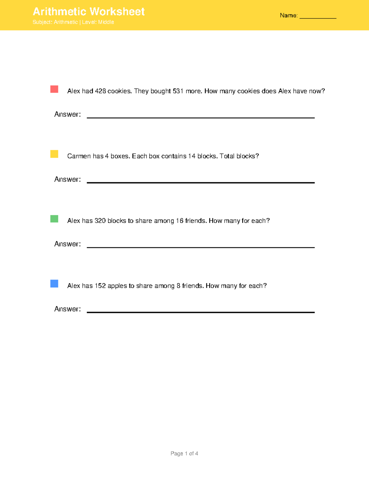Arithmetic Worksheet 1: Middle Level Math Problems - Studocu