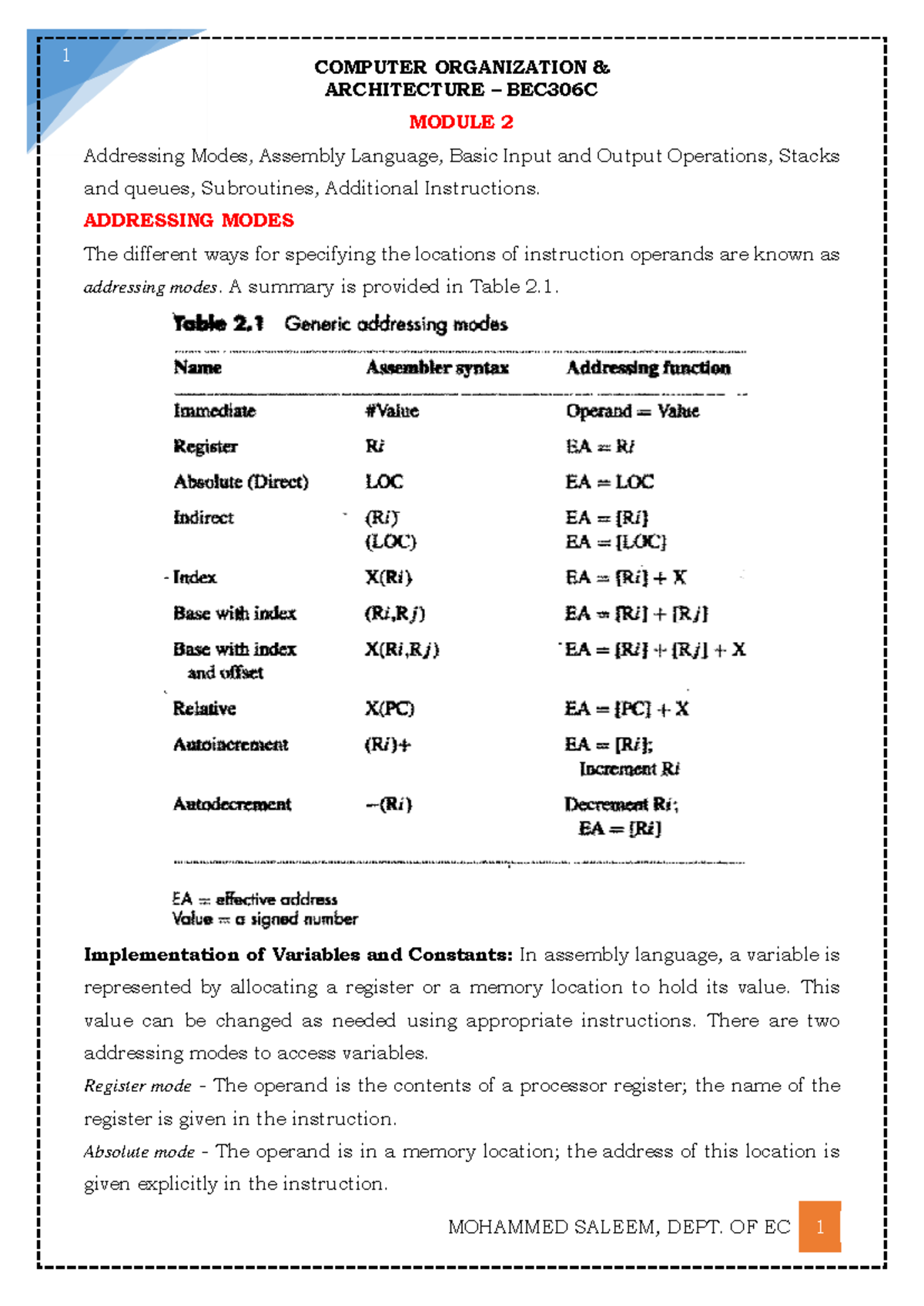 COA BEC306C Module 2: Addressing Modes & Basic Operations Summary - Studocu