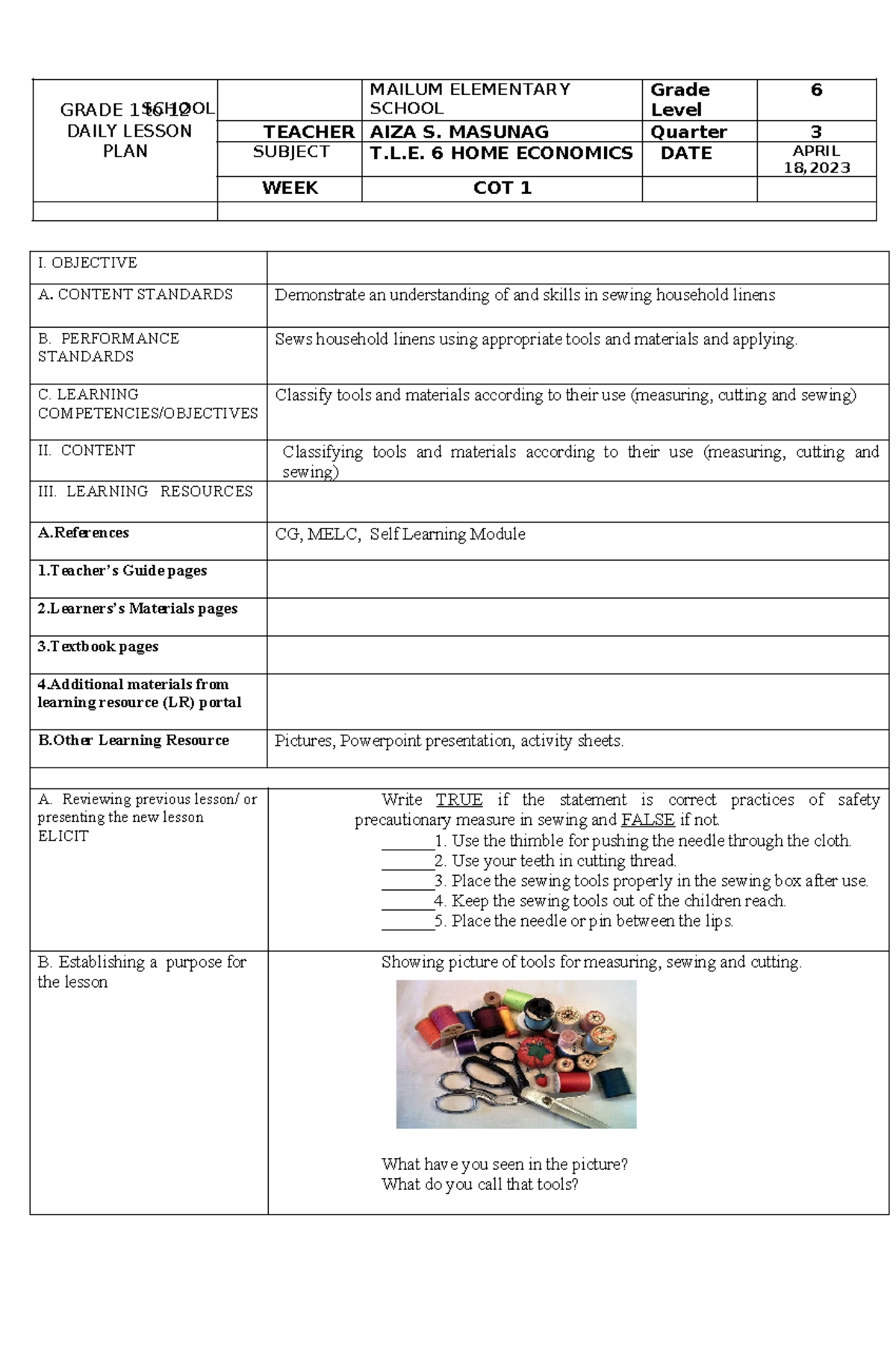 EPP COT 1 - Sample Lesson Plan on Sewing Tools for Grade 6 Home Econ ...